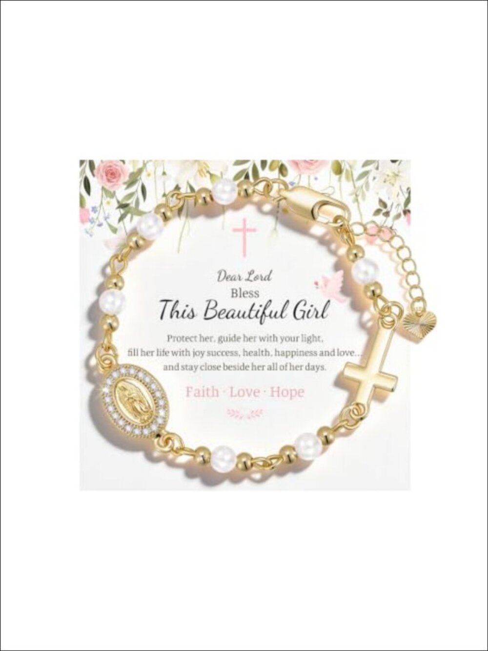 14k Gold Plated Rosary Bracelet with Simulated Pearl Beads